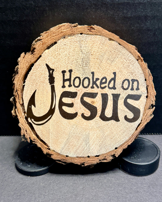 "Hooked on Jesus" Pine Wood Coaster